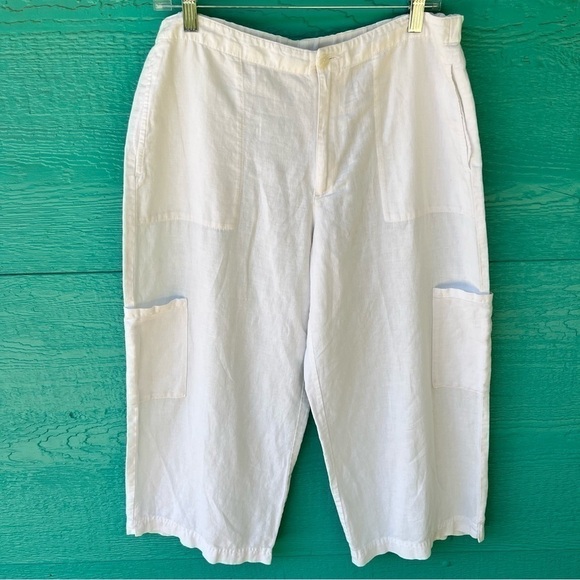 LIZ CLAIBORNE LINEN WHITE WIDE LEG CROPPED CARGO PANTS SIZE 10 - Picture 1 of 7
